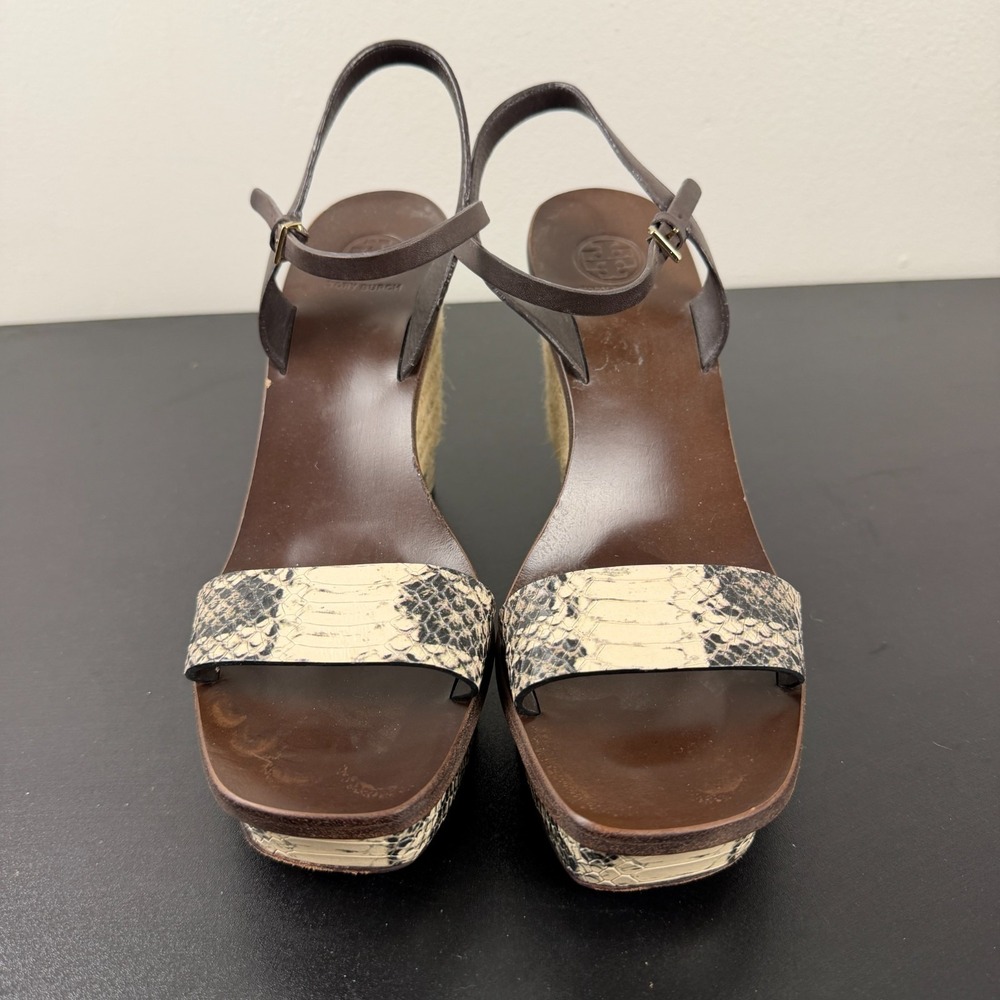 Tory Burch Sandals Womens 8.5M Brown Snakeskin Espadrille Wedge Heels Casual Fun - Picture 4 of 16